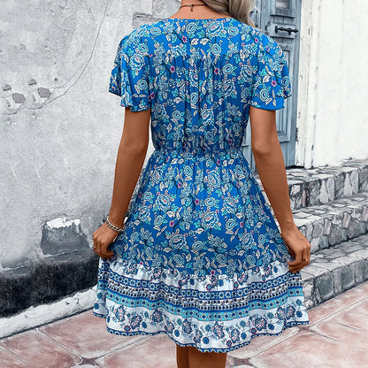 Summer Women V Neck Ethnic Floral Dress
