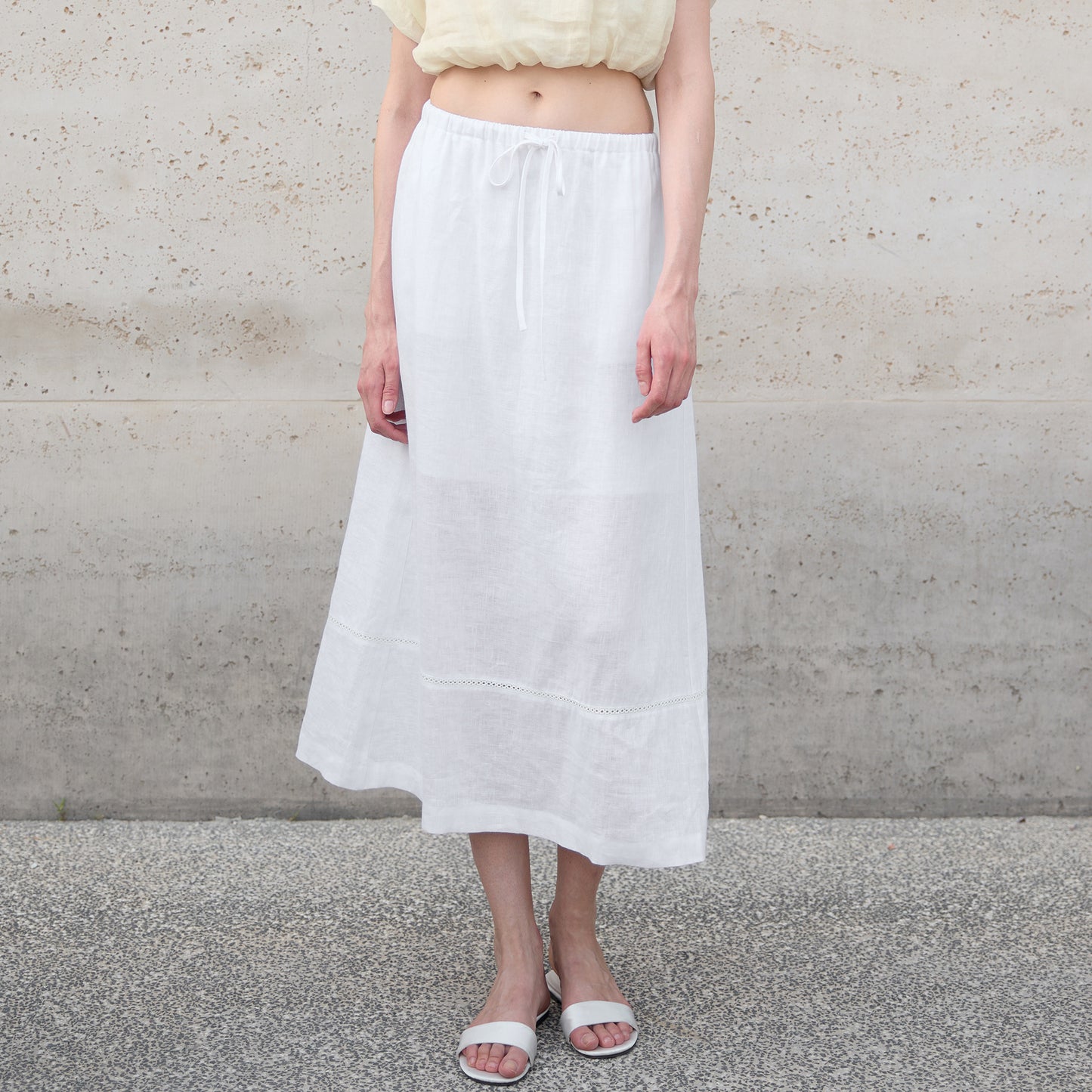Pure Linen Stitching Hollow Out Cutout Skirt Summer Loose Straight Elastic Waist Skirt Back Slit Retro A line Skirt