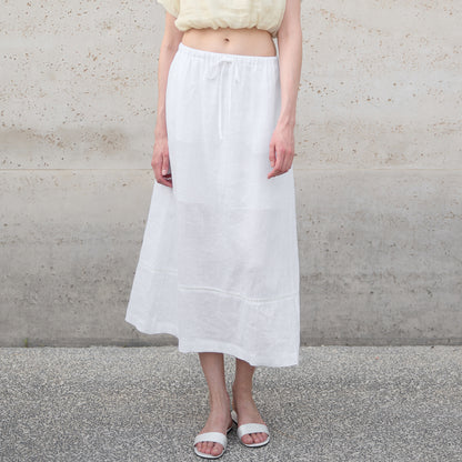 Pure Linen Stitching Hollow Out Cutout Skirt Summer Loose Straight Elastic Waist Skirt Back Slit Retro A line Skirt