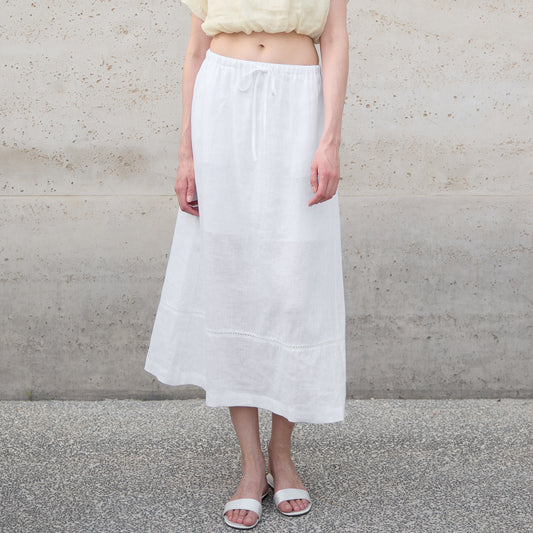 Pure Linen Stitching Hollow Out Cutout Skirt Summer Loose Straight Elastic Waist Skirt Back Slit Retro A line Skirt