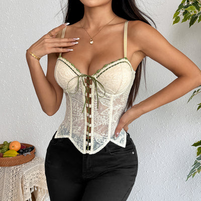 Summer Sweet Girl Solid Color Embroidered Rope Zipper Shaped Slim Fit Transparent Camisole