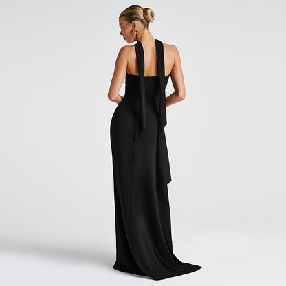 Women Clothing Summer Elegant Sexy Scarf Collar Slim Fit Slit Backless Dress Tube Top Dress