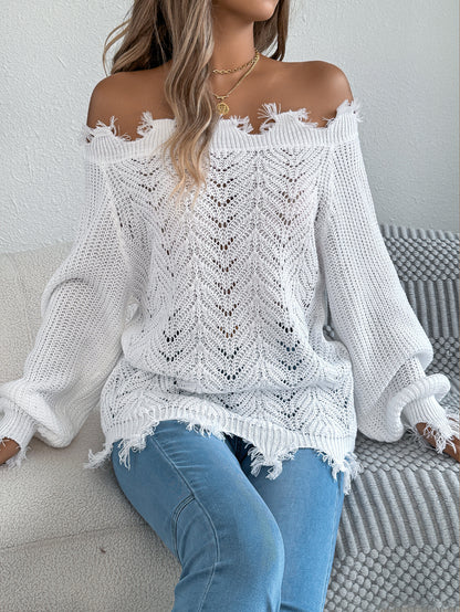 Autumn Winter Solid Color Hollow Out Cutout out Long Sleeve Cut off Shoulder Pullover Sweater Women Clothing