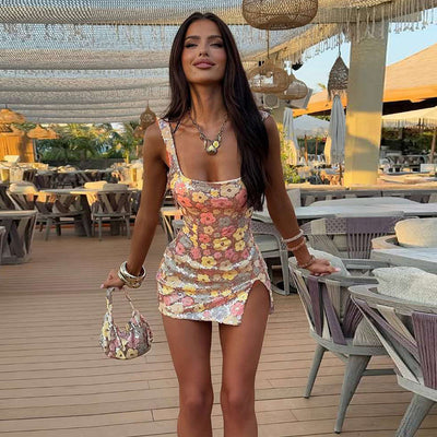Spring Summer Women Clothing Fashionable Elegant Sexy Slim Fit Square Collar Sequined Hip Split Dress