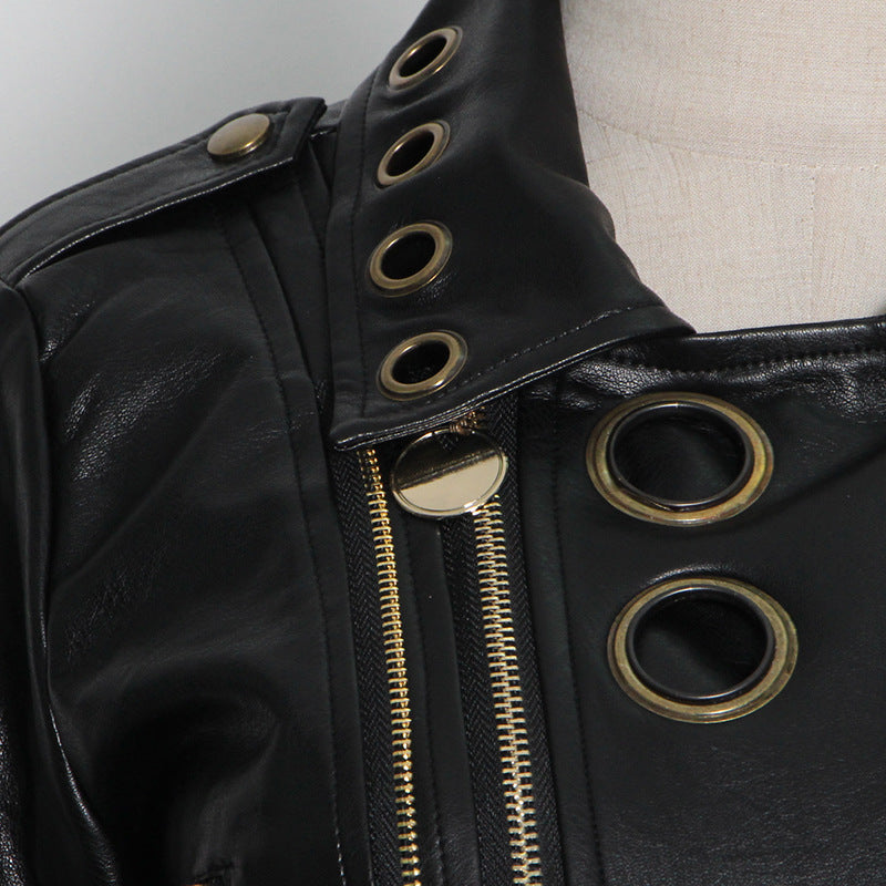 Locomotive Jacket Leather Coat Spring Polo Collar Eyelet Rivet Hollow Out Cutout Slim Jacket