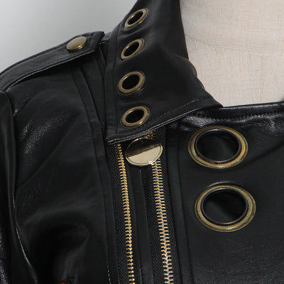 Locomotive Jacket Leather Coat Spring Polo Collar Eyelet Rivet Hollow Out Cutout Slim Jacket