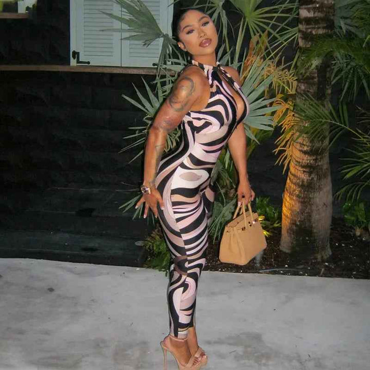 Personality Women Sleeveless Zebra Pattern Jumpsuit - Hollow Out Cutout Slim Fit Sheath Long Jumpsuit