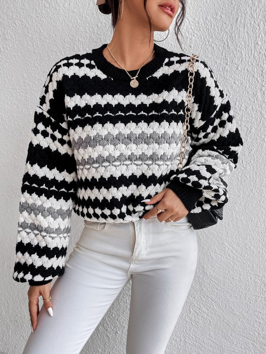 Autumn Winter Office Striped Pullover Loose Outer Wear Idle Knitted Sweater for Women