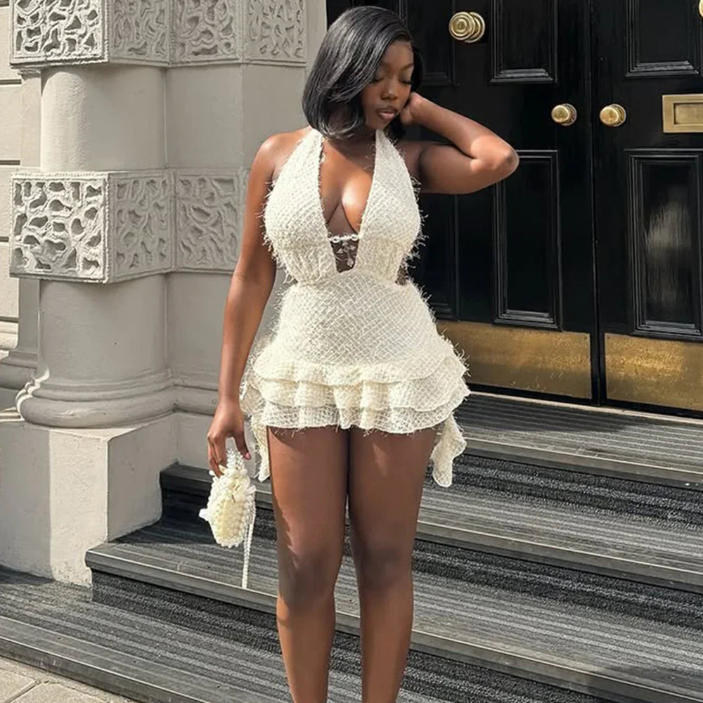 Women Clothing Dress V neck Hollow Out Cutout Pettiskirt Neck Strap Backless Fine Wool Dress - GLAMWEARS