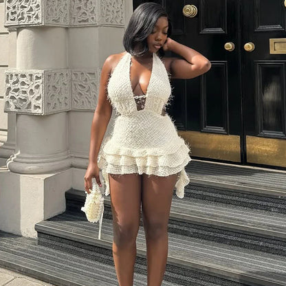 Women Clothing Dress V neck Hollow Out Cutout Pettiskirt Neck Strap Backless Fine Wool Dress