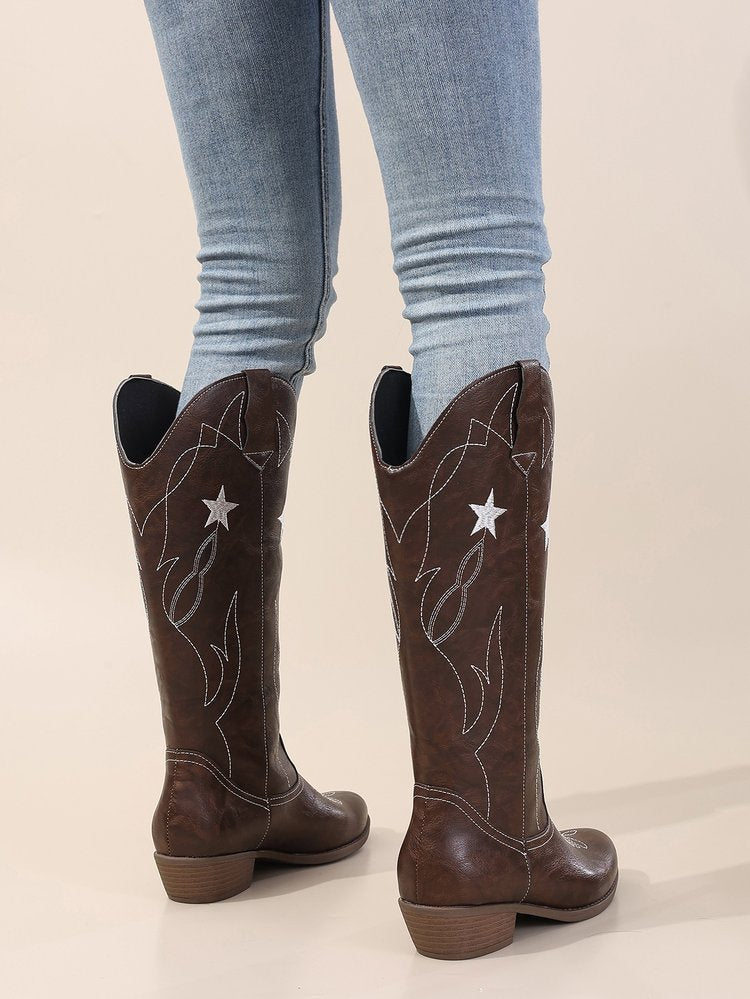 Totem Embroidery High Leather Boots Women Sewing Thread Pointed Toe Chunky Heel Knee High Boots - GLAMWEARS