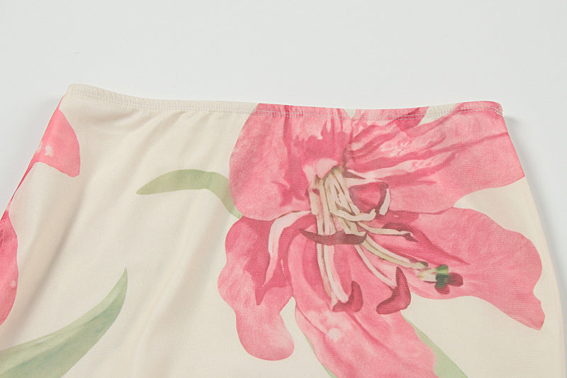 Summer Dopamine Beach Vacation Sexy Printed Mesh Sheath Skirt