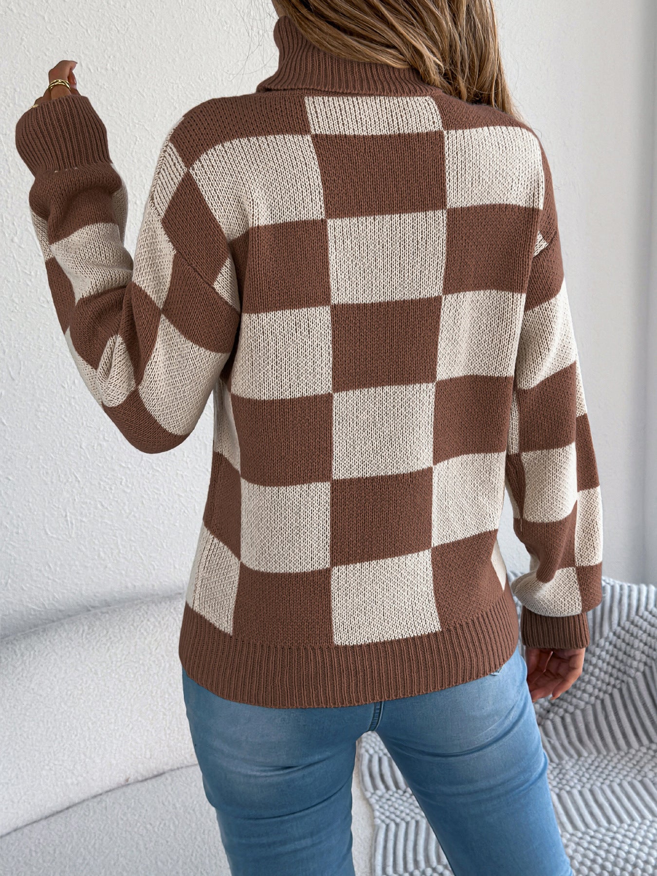 Autumn Winter Casual Turtleneck Color Contrast Check Lantern Long Sleeve Sweater Women Clothing