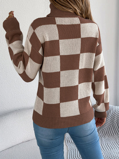 Autumn Winter Casual Turtleneck Color Contrast Check Lantern Long Sleeve Sweater Women Clothing