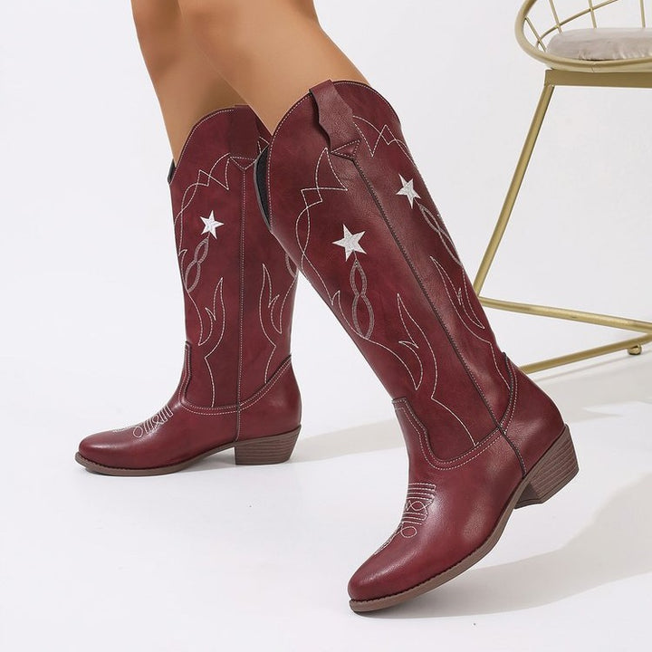 Totem Embroidery High Leather Boots Women Sewing Thread Pointed Toe Chunky Heel Knee High Boots - GLAMWEARS