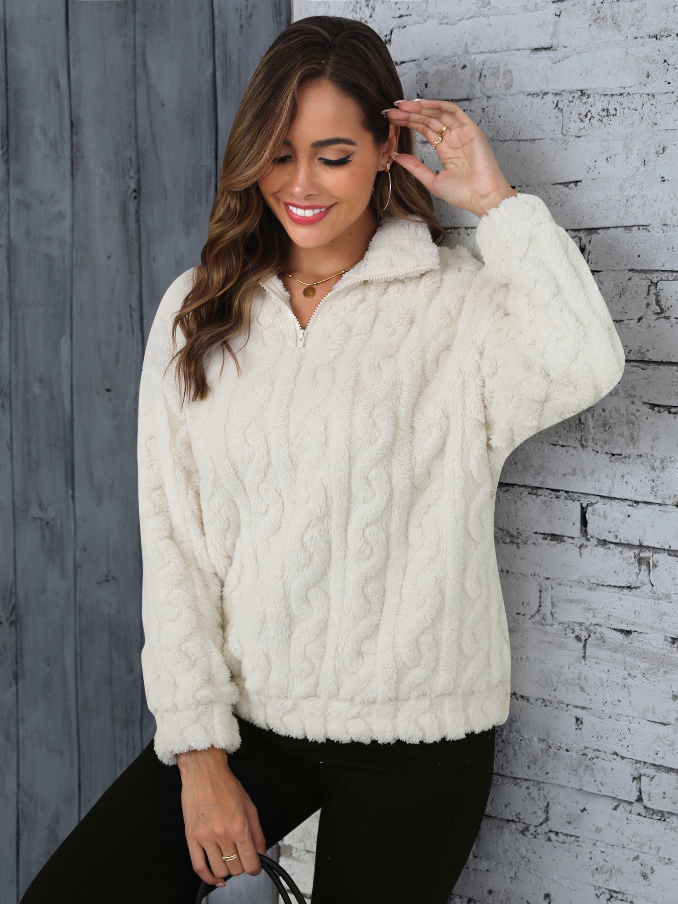Autumn Winter Thickening Plush Hemp Pattern Embossed Pullover