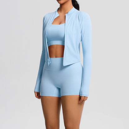 Solid Color Cloud Sense Yoga Bra Sports Coat Pilates Running Shorts Fitness Yoga Wear Three Piece Set for Women