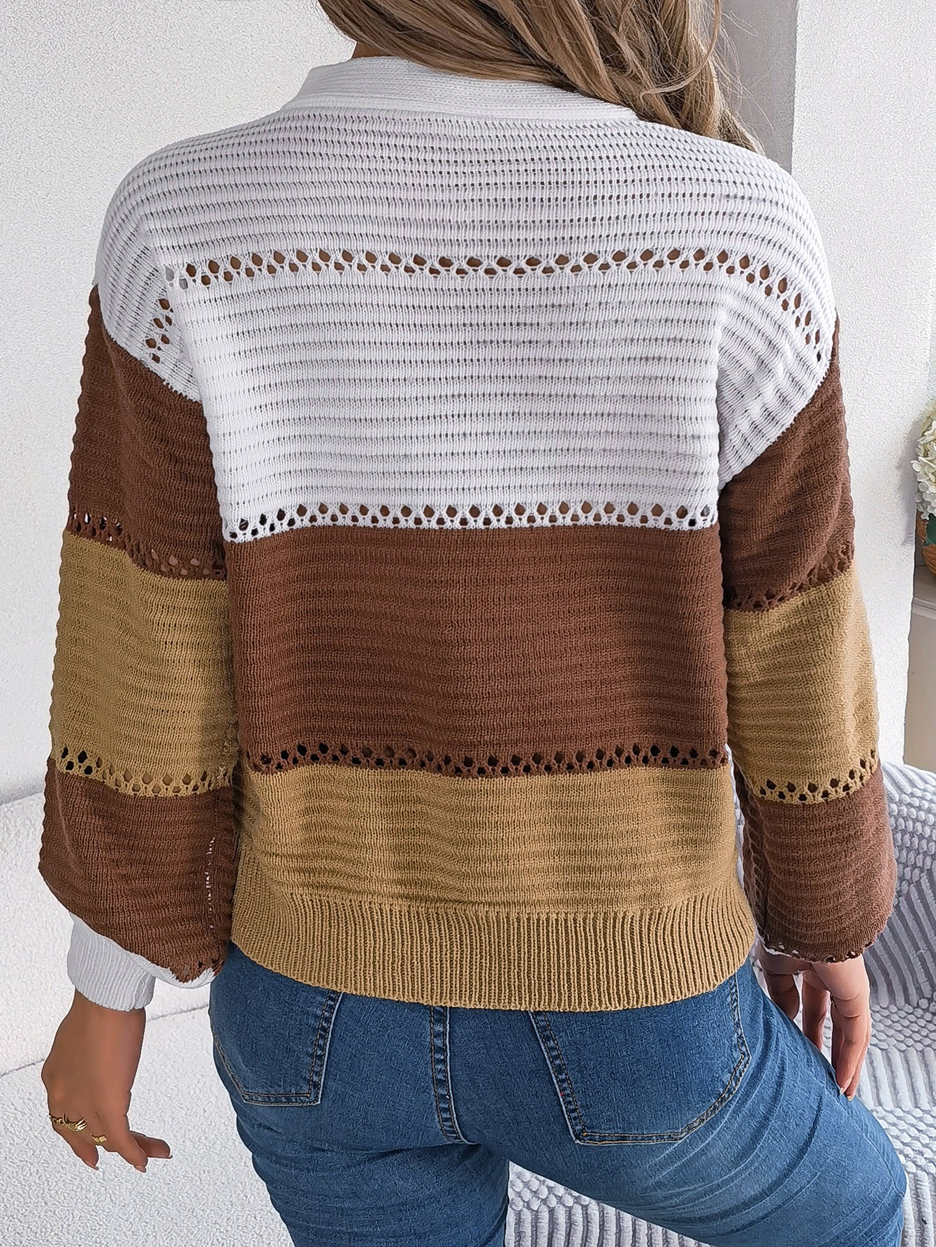 Autumn Winter Casual Button V neck Hollow Out Cutout Color Matching Lantern Sleeve Pullover Sweater Women Clothing