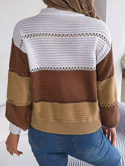 Autumn Winter Casual Button V neck Hollow Out Cutout Color Matching Lantern Sleeve Pullover Sweater Women Clothing
