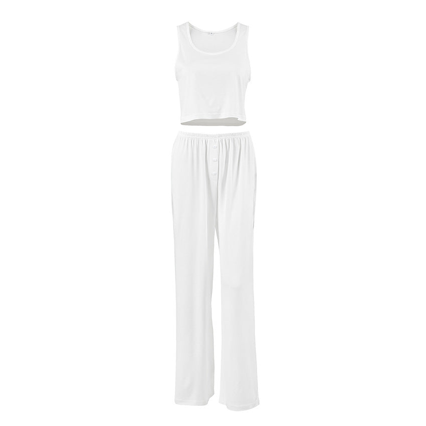 Spring Summer Home Wear Sleeveless Vest Pants Two Piece Set Knitted Emerized Pajamas for Women