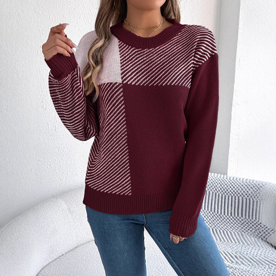 Autumn Winter Casual Color Contrast Check Long Sleeve Pullover Women Clothing