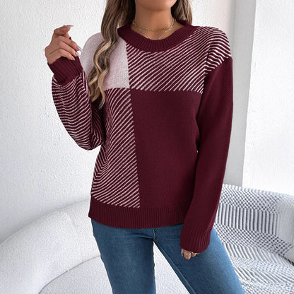 Autumn Winter Casual Color Contrast Check Long Sleeve Pullover Women Clothing