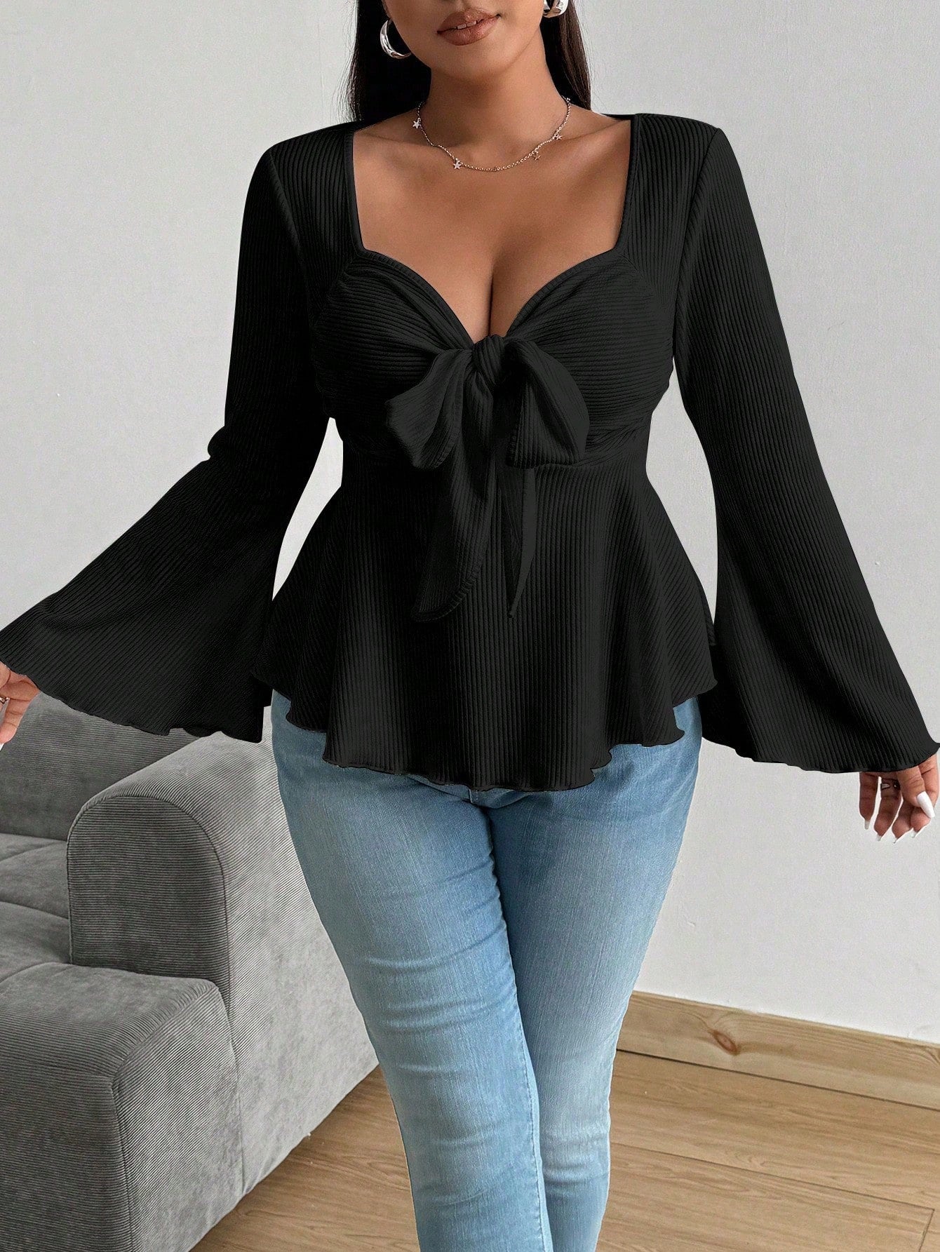 Plus Size Women Sexy Adult Lady like Woman V neck T shirt Autumn Winter Bell Sleeve Waist Controlled Long Sleeves Top