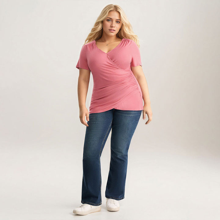 Plus Size Women Pink Simple All Match Office T shirt Figure Flattering Short Sleeve Top
