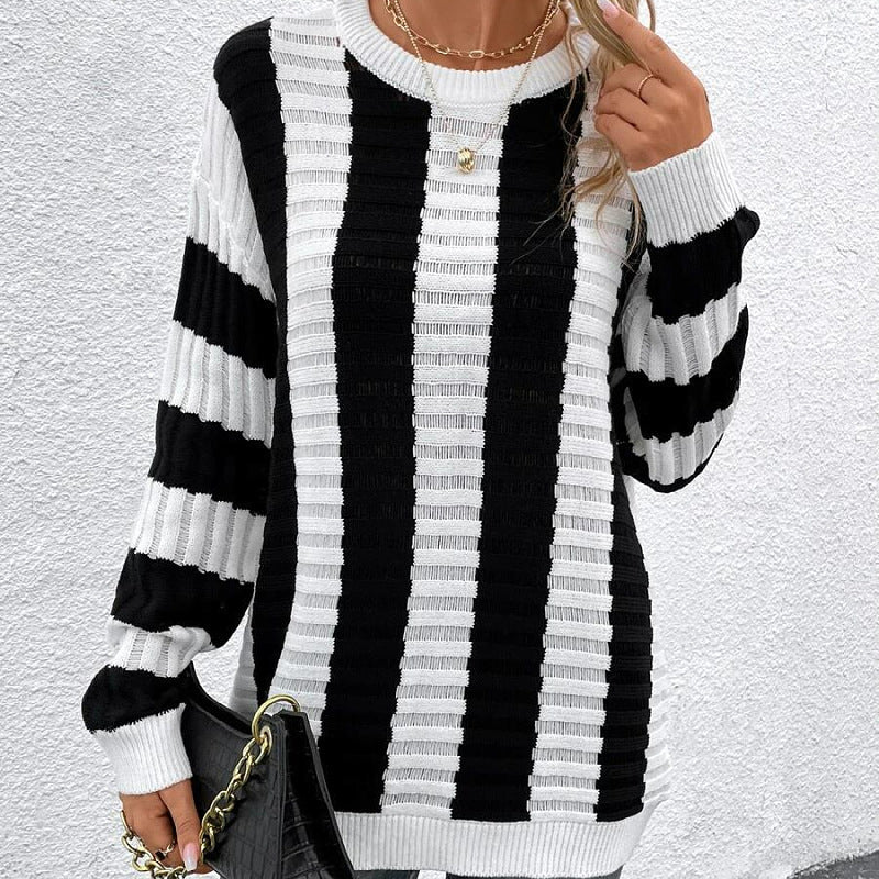 Spring Loose Sweater Women Striped Hollow Out Cutout out Long Sleeved Sweater