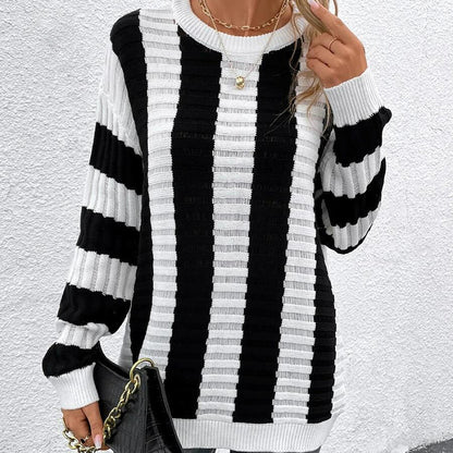 Spring Loose Sweater Women Striped Hollow Out Cutout out Long Sleeved Sweater