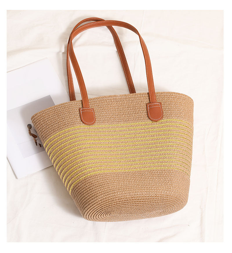 Gold Silver Thread Striped Straw Bag One Shoulder Woven Bag Vacation Beach Bag Women Bag