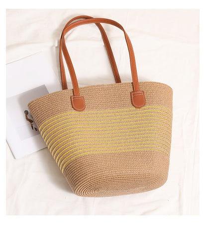 Gold Silver Thread Striped Straw Bag One Shoulder Woven Bag Vacation Beach Bag Women Bag