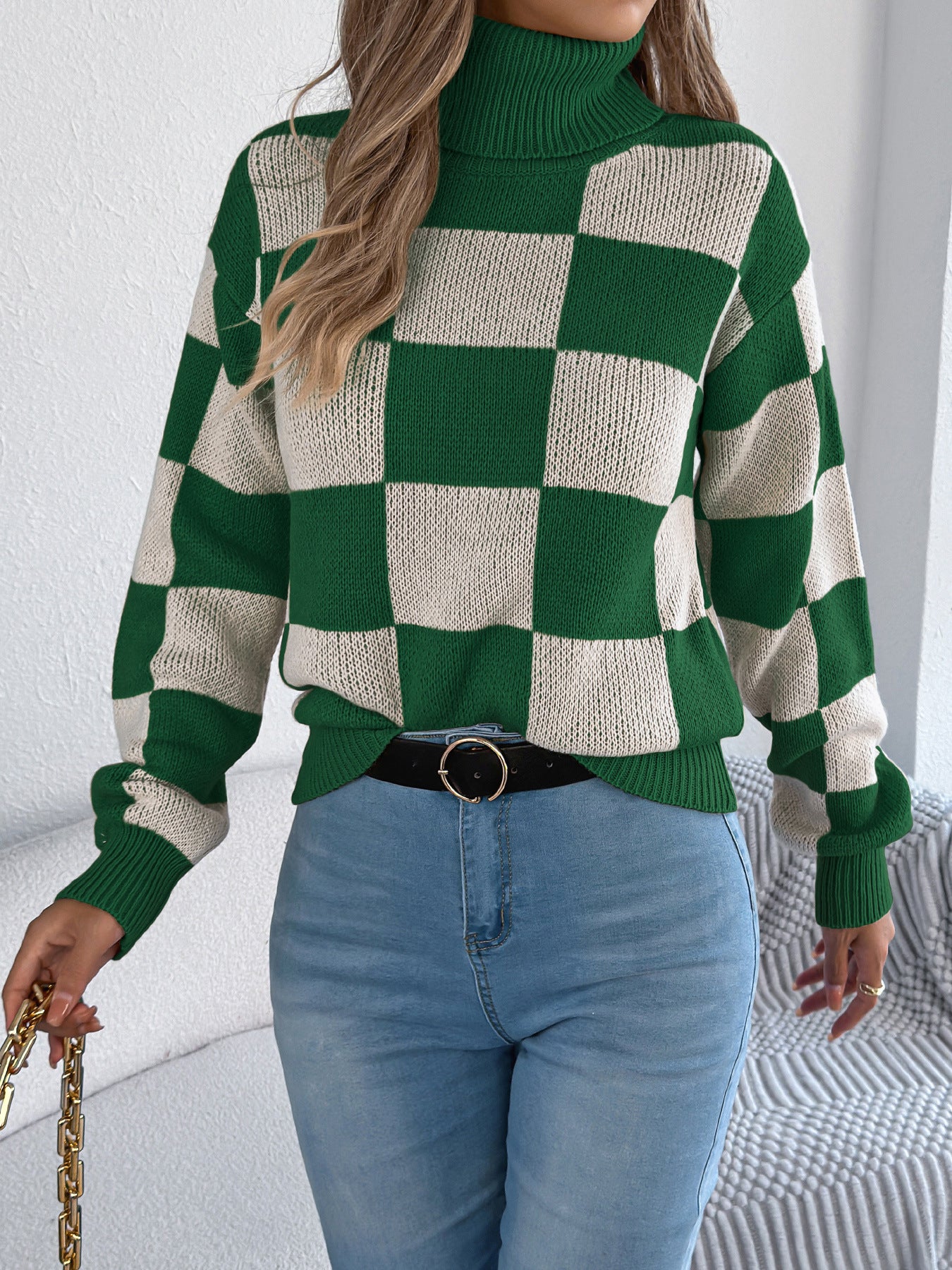 Autumn Winter Casual Turtleneck Color Contrast Check Lantern Long Sleeve Sweater Women Clothing