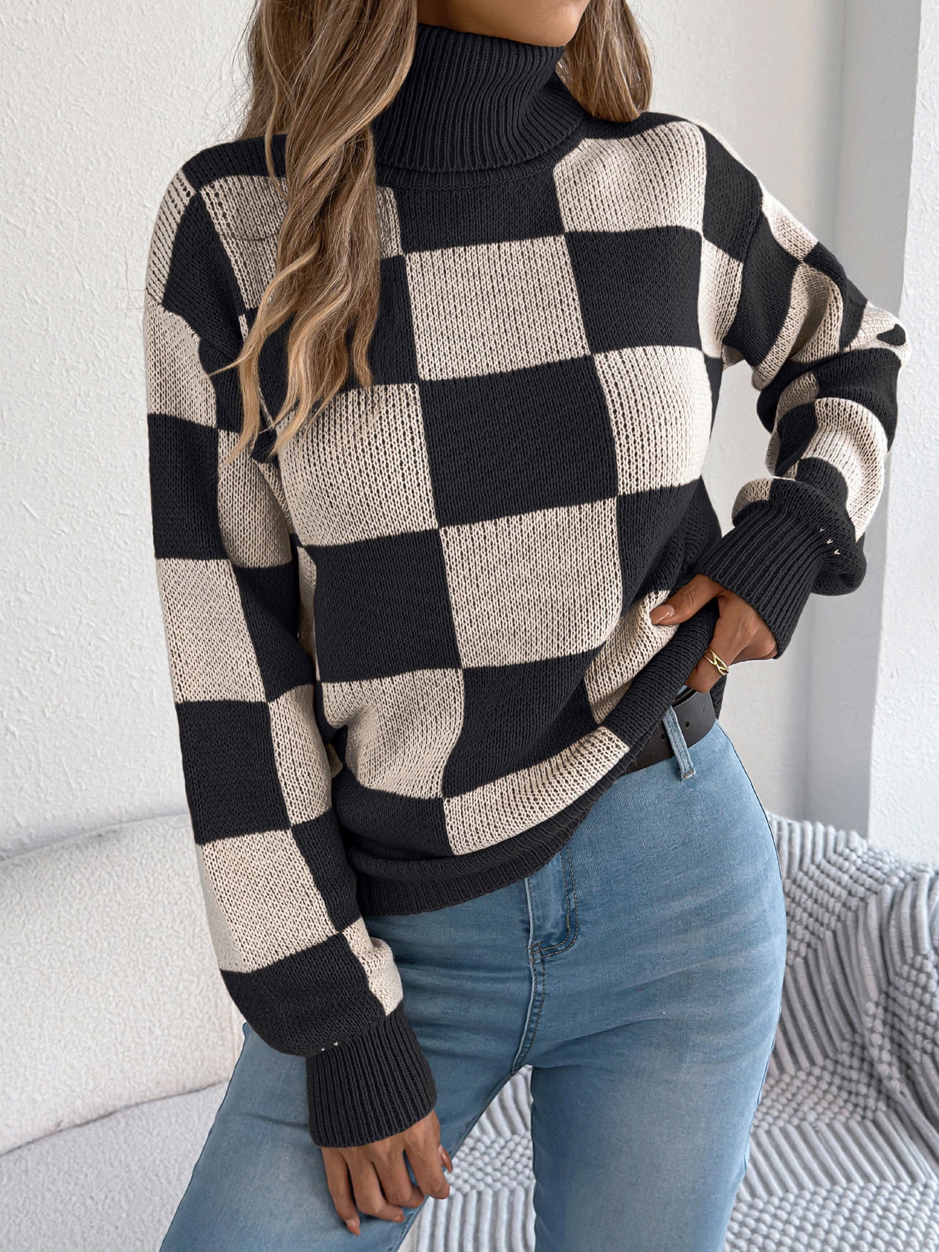 Autumn Winter Casual Turtleneck Color Contrast Check Lantern Long Sleeve Sweater Women Clothing