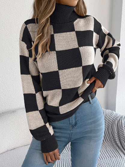 Autumn Winter Casual Turtleneck Color Contrast Check Lantern Long Sleeve Sweater Women Clothing