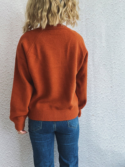 Solid Color Buttons Casual Retro Knitted Top round Neck Long Sleeve Warm Sweater