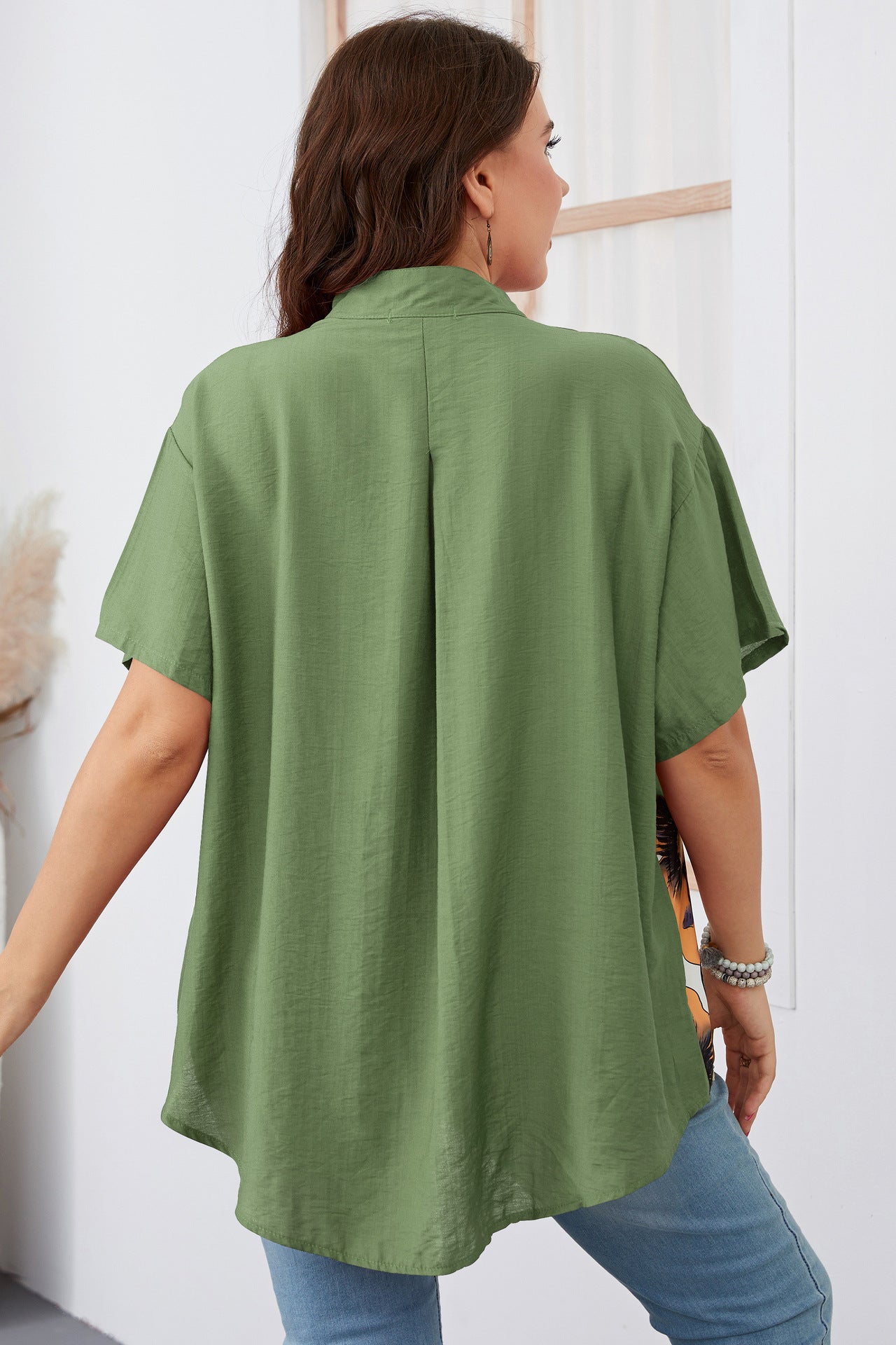 Plus Size Women Slimming Loose Printed Short-Sleeved Top Women Clothing