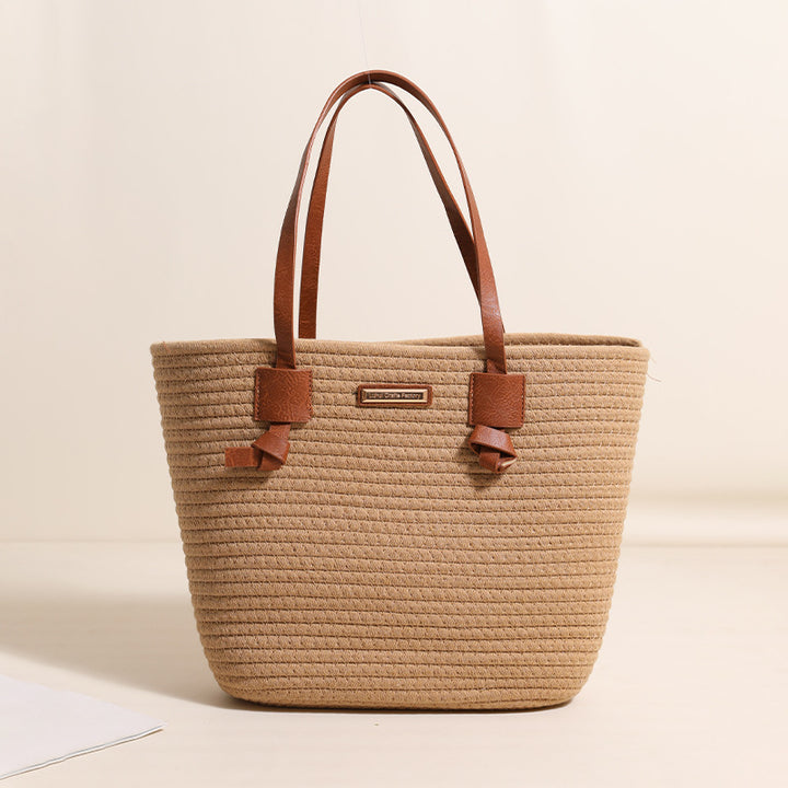 One Shoulder Cotton Thread Woven Bag Large Capacity Tote Straw Bag Vacation Beach Women Bag - GLAMWEARS