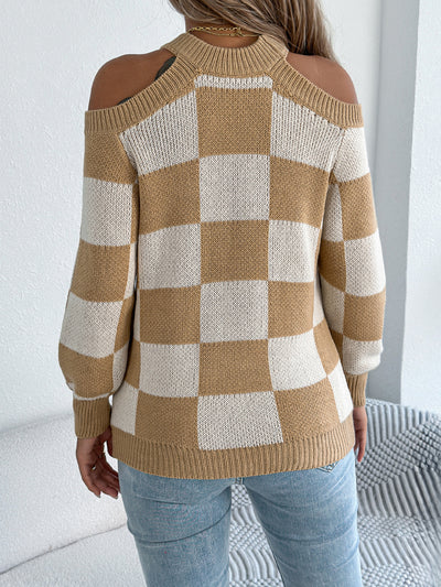 Autumn Winter Casual off the Shoulder Contrast Color Plaid Lantern Long Sleeve Sweater Women Clothing