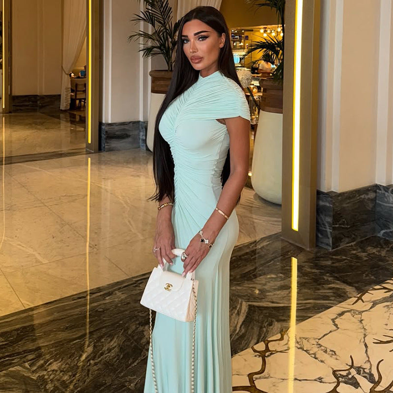 Elegant Fresh Women's Clothing Pleated Solid Color Draped Hip Slim Fit Turtleneck Short Sleeve Length Dress