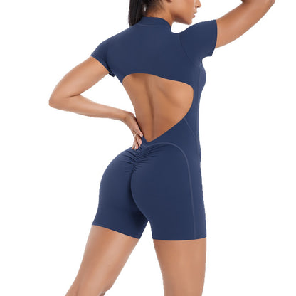 Hollow Out Cutout Beauty Back Short Sleeve Zipper Jumpsuit Peach Hip Sports Fitness Bare Back Jumpsuit Yoga Clothes for Women