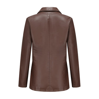 Small Long Sleeved Coat Women Single Button Office Casual Solid Color Leather Coat