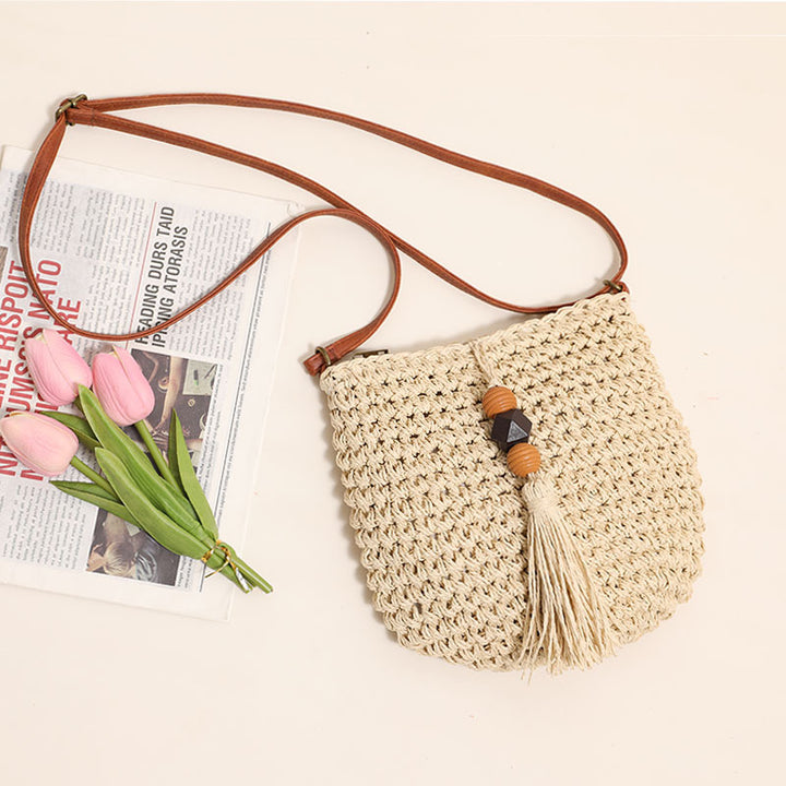 Supply Crossbody Straw Bag Wooden Bead Tassel Straw Bag Woven Bag Vacation Beach Bag Women Shoulder Bag - GLAMWEARS