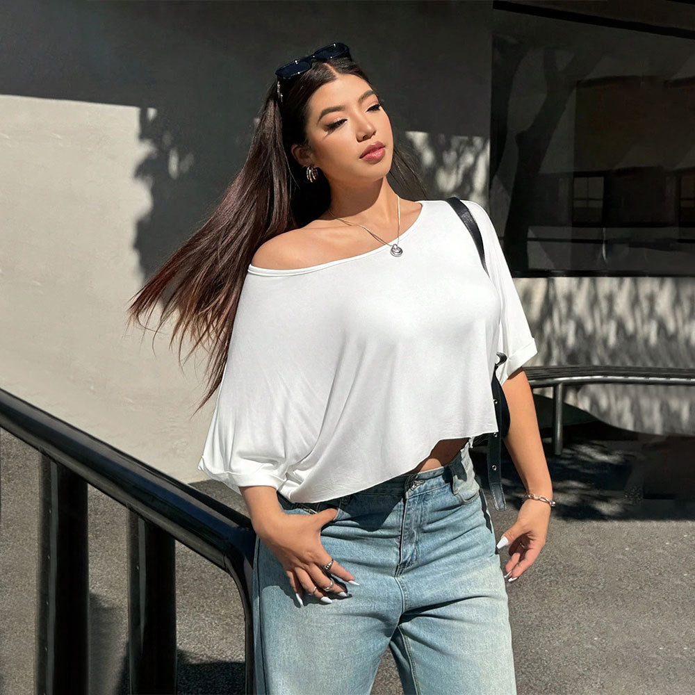 Plus Size Summer Women Clothes Simple Casual T shirt round Neck off the Shoulder Half Sleeve Slimming Top