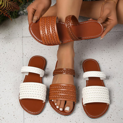 Knitted Belt Flat Slippers Women Outdoor Wear Stylish Lightweight Solid Color Beach Sandals