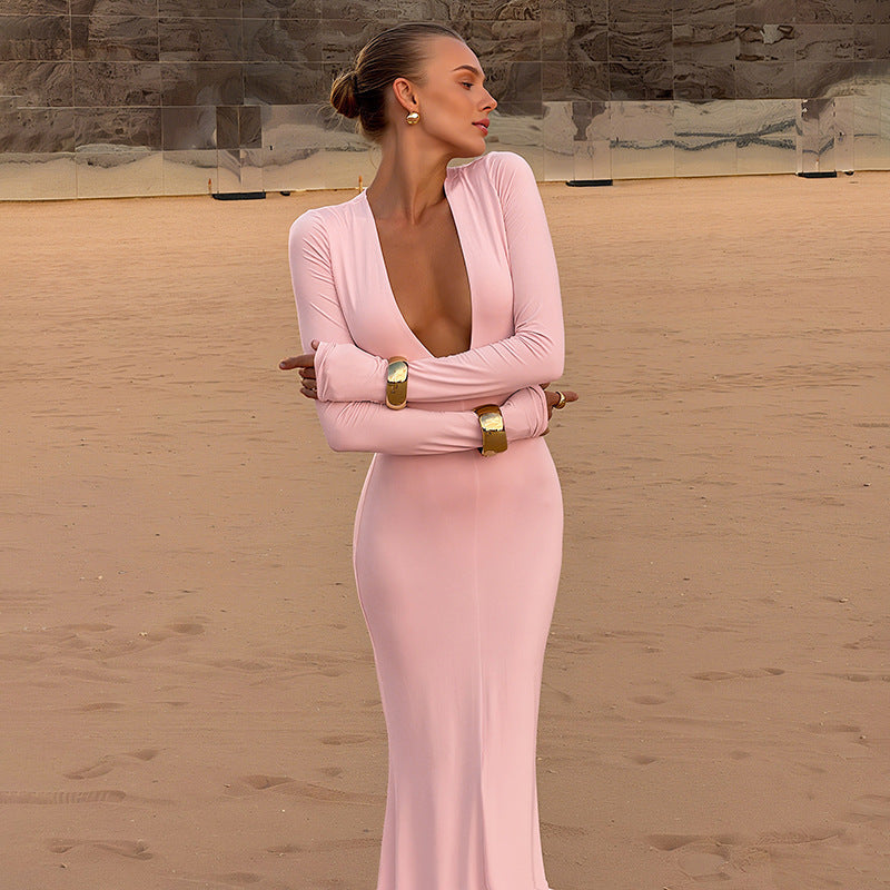 Fall Women Clothing Solid Color Slim Fit Slimming Deep V Plunge neck Sexy Sheath Long Sleeve Dress Women