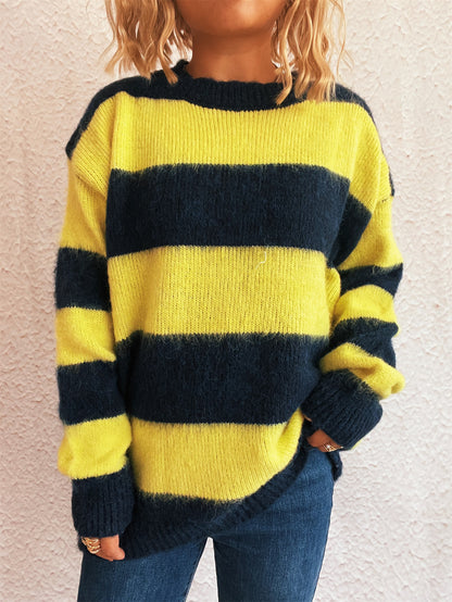 Autumn Winter Striped Color Matching Knitted Top round Neck Chic Casual Loose Sweater Pullover