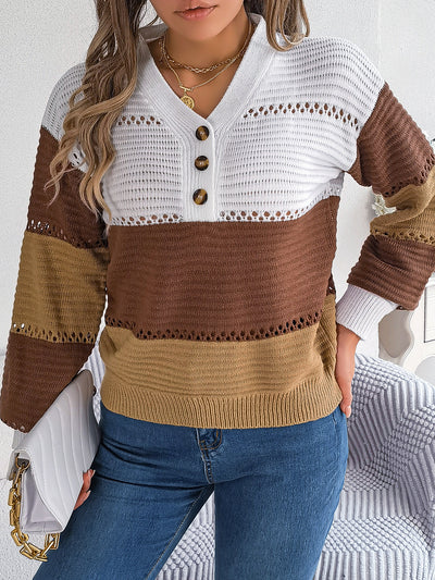 Autumn Winter Casual Button V neck Hollow Out Cutout Color Matching Lantern Sleeve Pullover Sweater Women Clothing