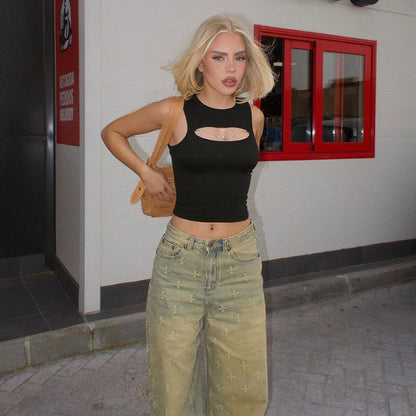 Summer Women Clothing Personality Chain Slim Fit Patchwork Sexy Cutout round Neck T shirt Vest for Women