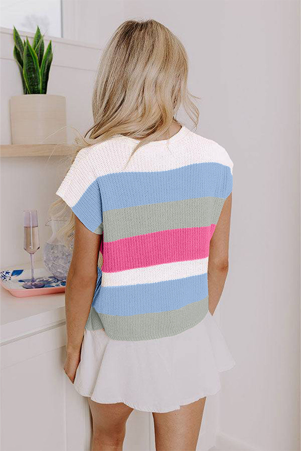 Summer Women Clothing Small U Collar Dopamine Contrast Color Casual Sweater with Short Sleeves